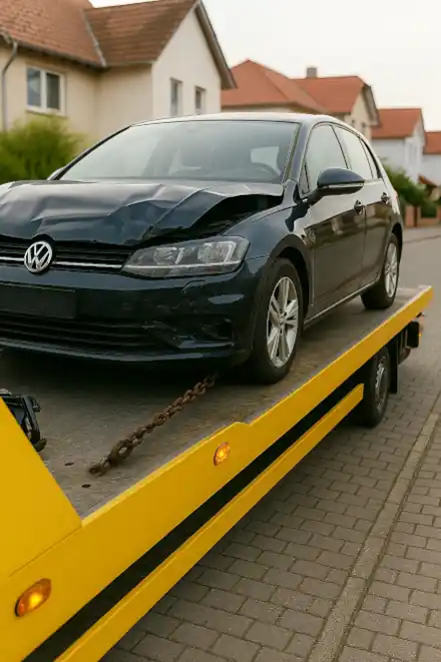 Ein defektes Fahrzeug, das im Zuge des Autoankaufs in Aalen abgeschleppt wird.